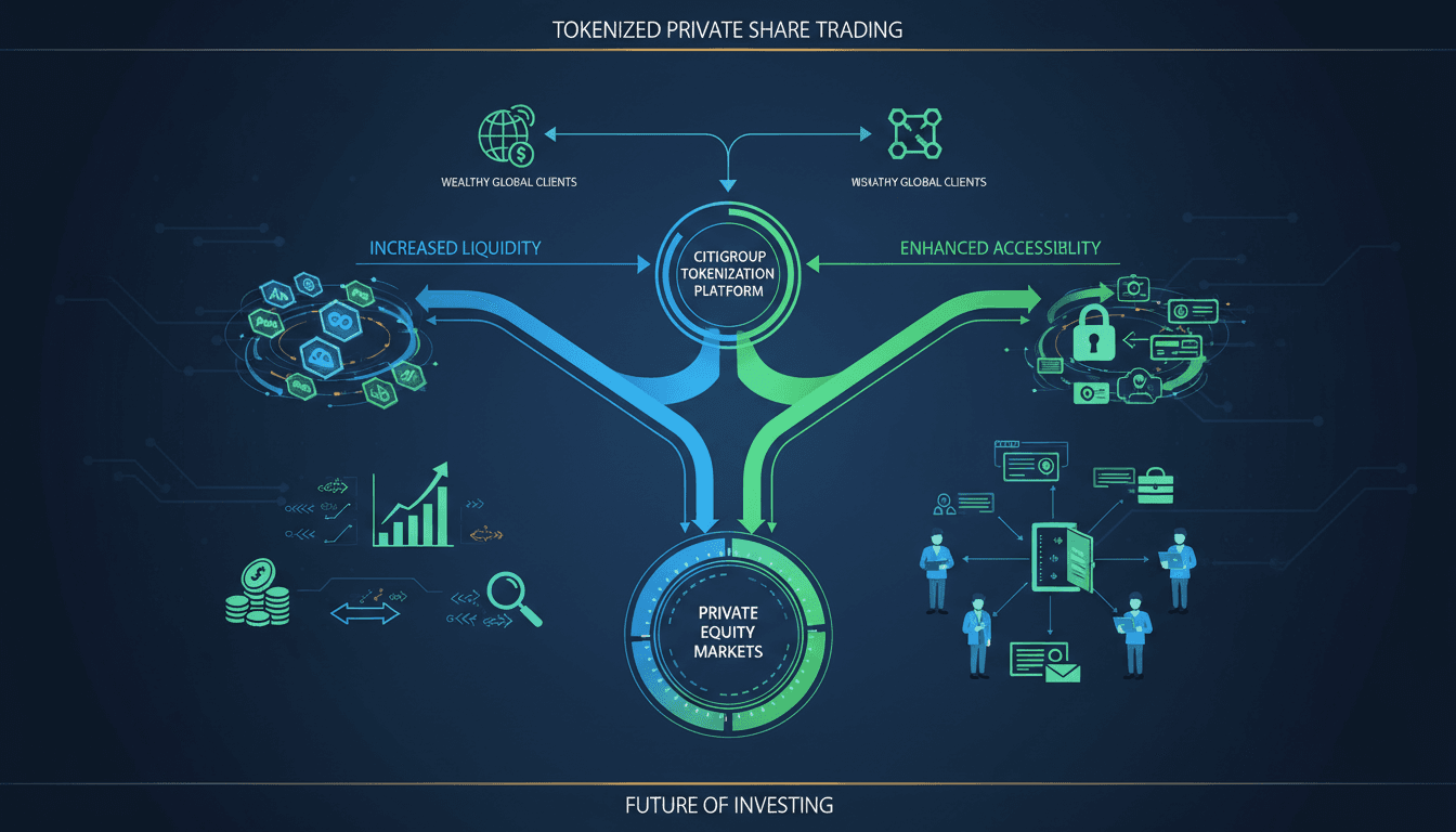 Infographic showing Citigroup's tokenized private share trading platform and its impact on private equity markets.