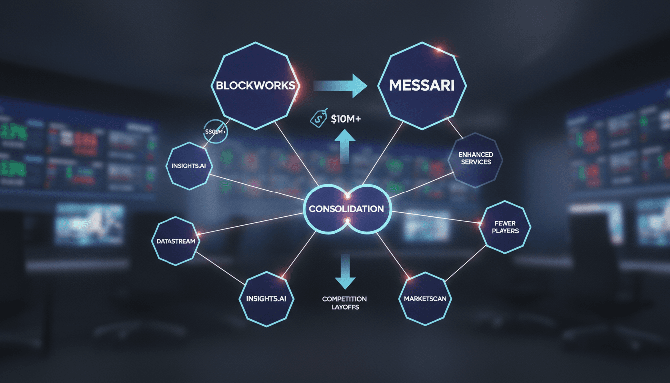 Blockworks and Messari logos with a backdrop of cryptocurrency data charts.