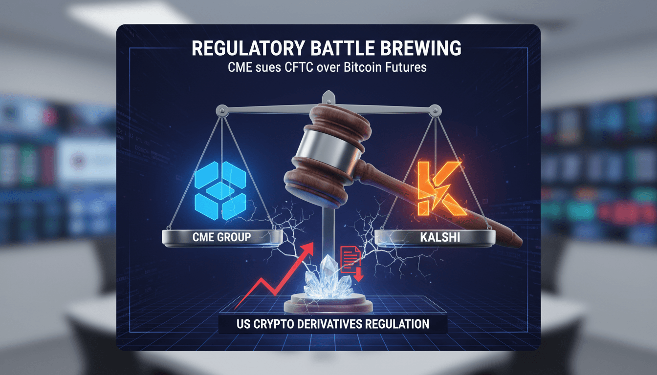 Illustration of CME Group's lawsuit against CFTC regarding bitcoin futures approval.