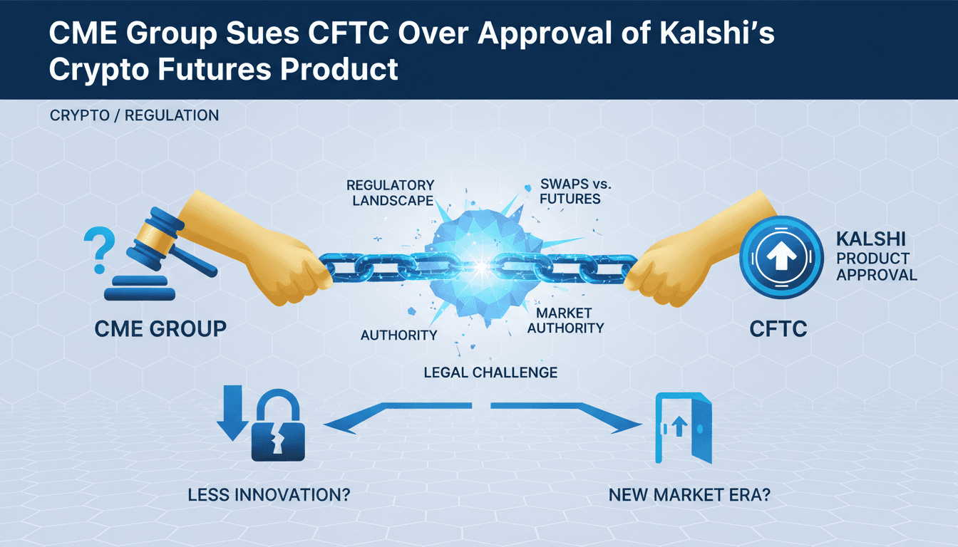 Illustration of the legal battle between CME Group and CFTC over cryptocurrency futures.
