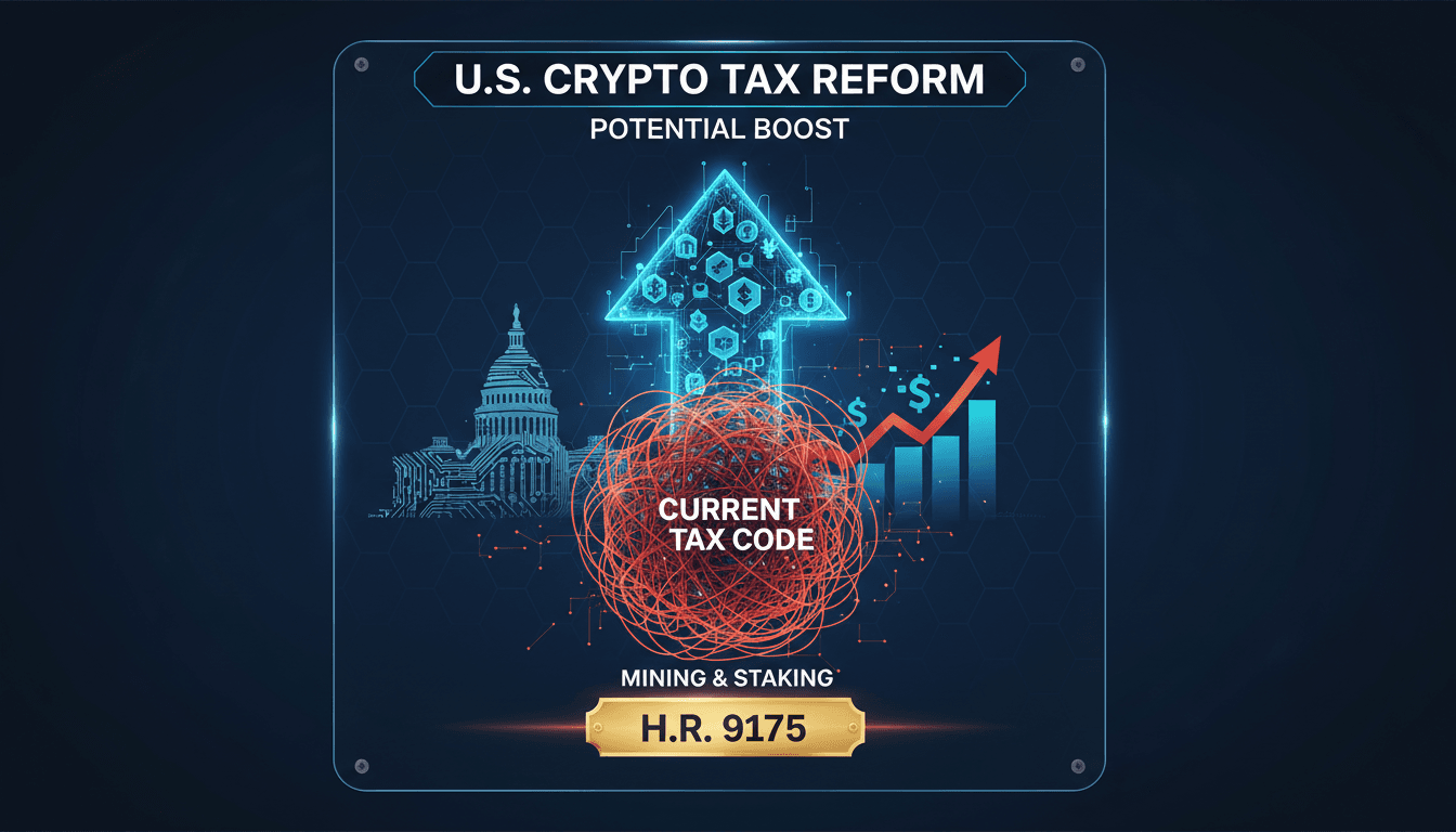 U.S. Capitol building with cryptocurrency symbols representing tax reform efforts.