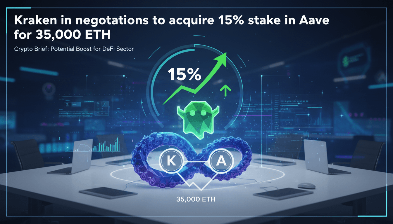 Kraken and Aave logos with a financial growth chart background