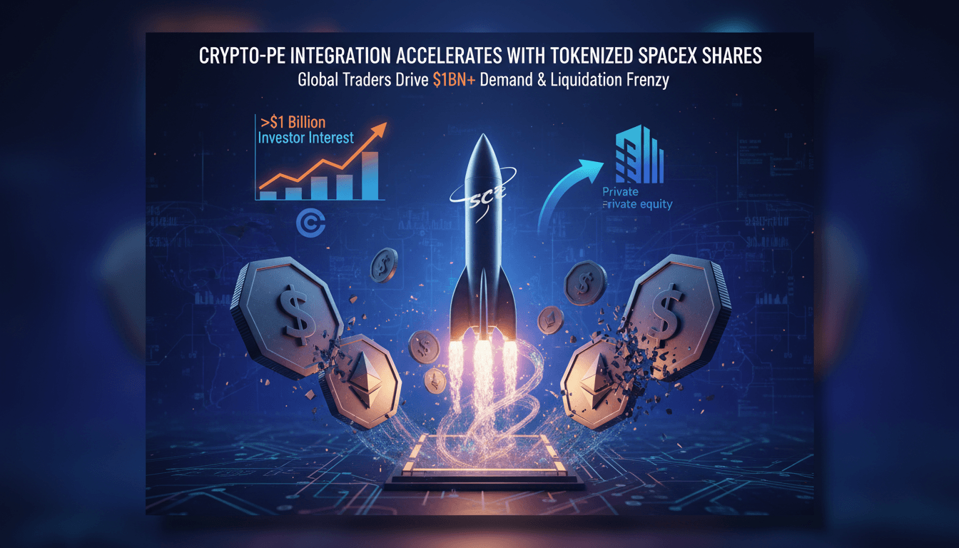 Illustration of tokenized SpaceX shares and cryptocurrency integration in private equity.