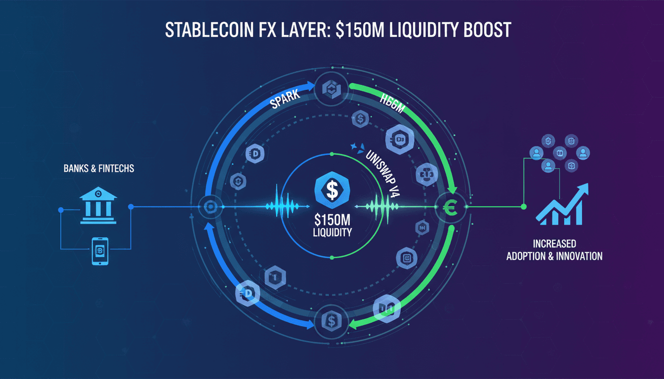 Illustration of Spark and Uniswap's Stablecoin FX Layer launch with liquidity details.