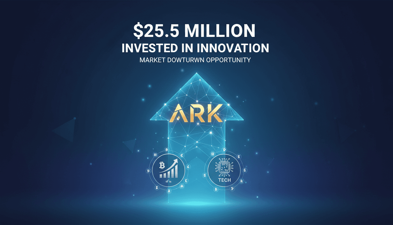 ARK Invest logo with a backdrop of cryptocurrency and tech stock graphics.