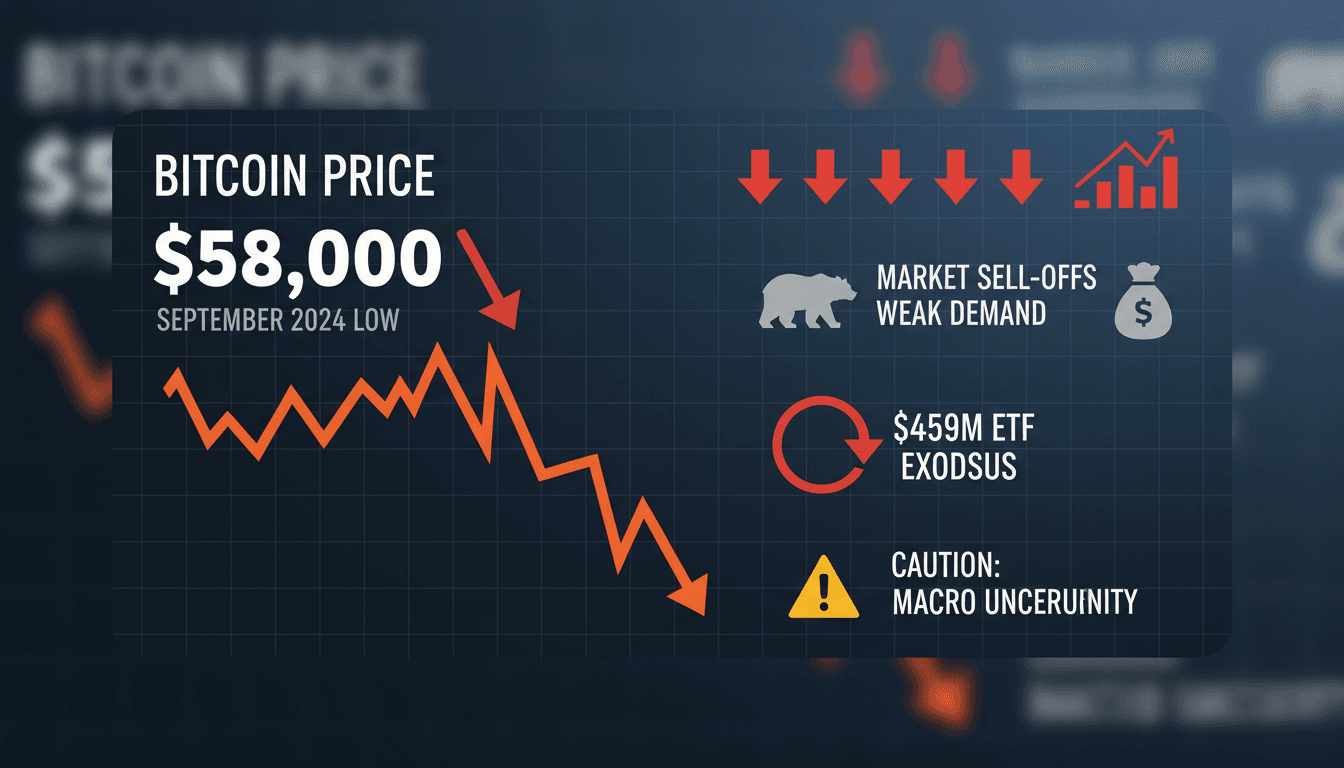 Bitcoin price drops to $58,000 amid market sell-offs and weak demand