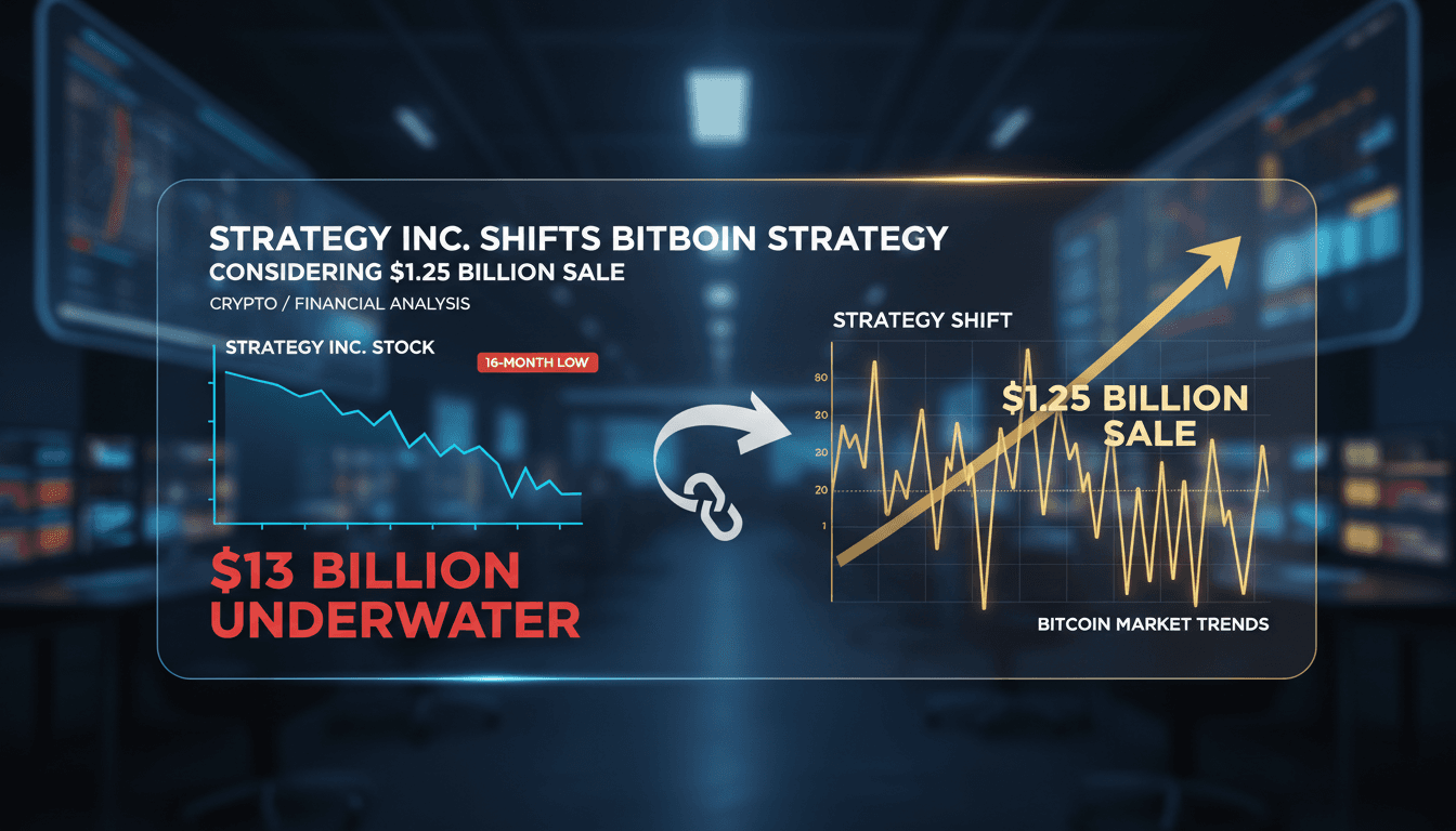 Strategy Inc. logo with Bitcoin graphics illustrating market trends
