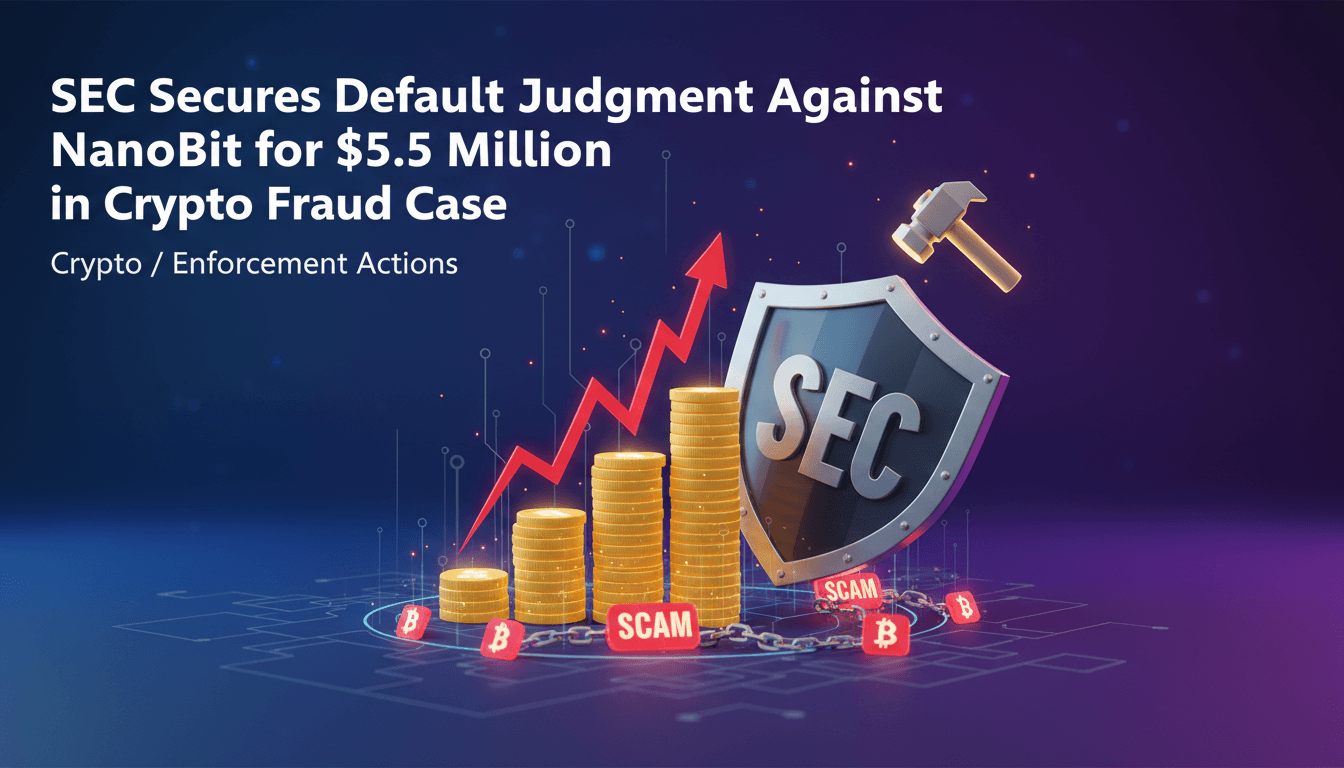 SEC logo with a gavel and cryptocurrency symbols representing fraud enforcement.