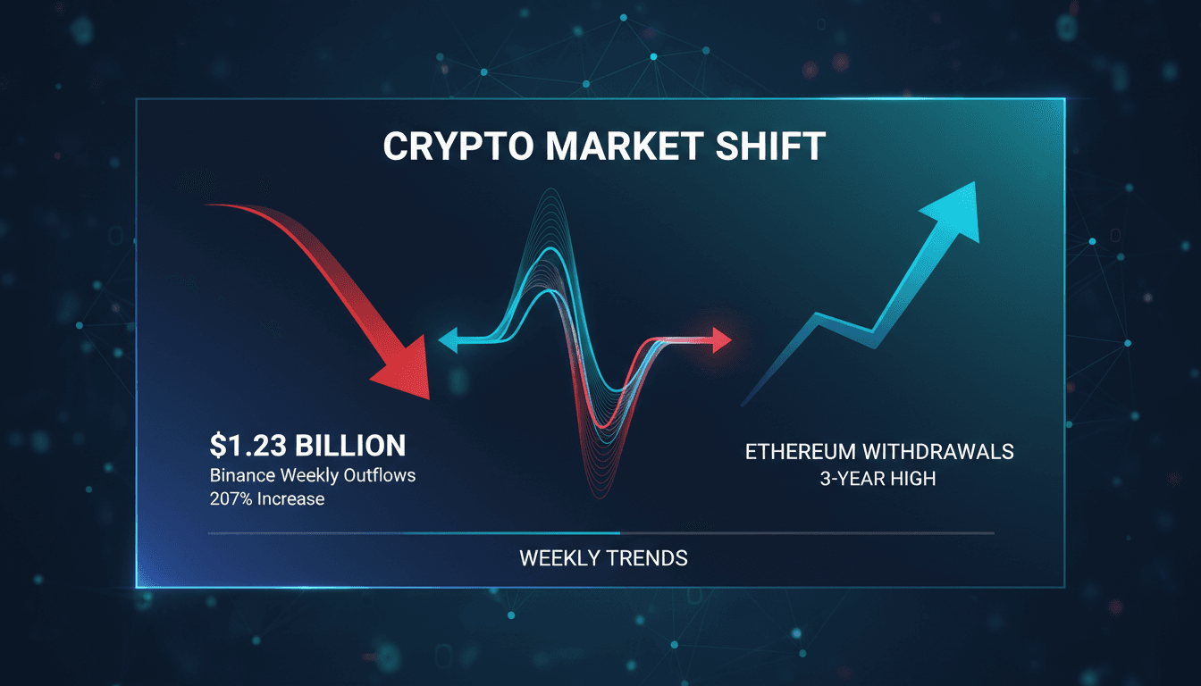 Binance logo with a graph showing withdrawal trends and Ethereum surge