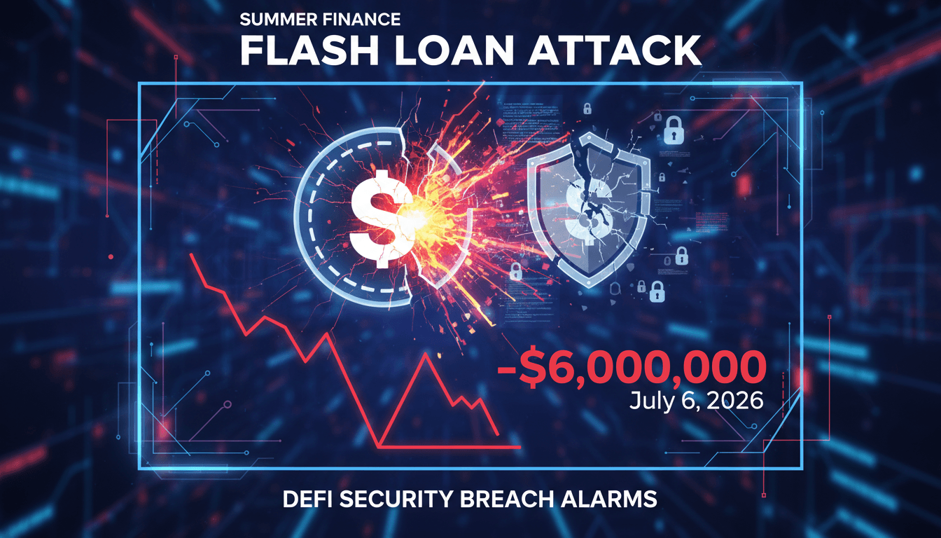 Summer Finance logo with a graphic illustrating the flash loan attack impact.