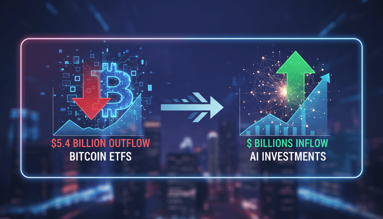 Graph showing Bitcoin ETF outflows and rising interest in AI investments.