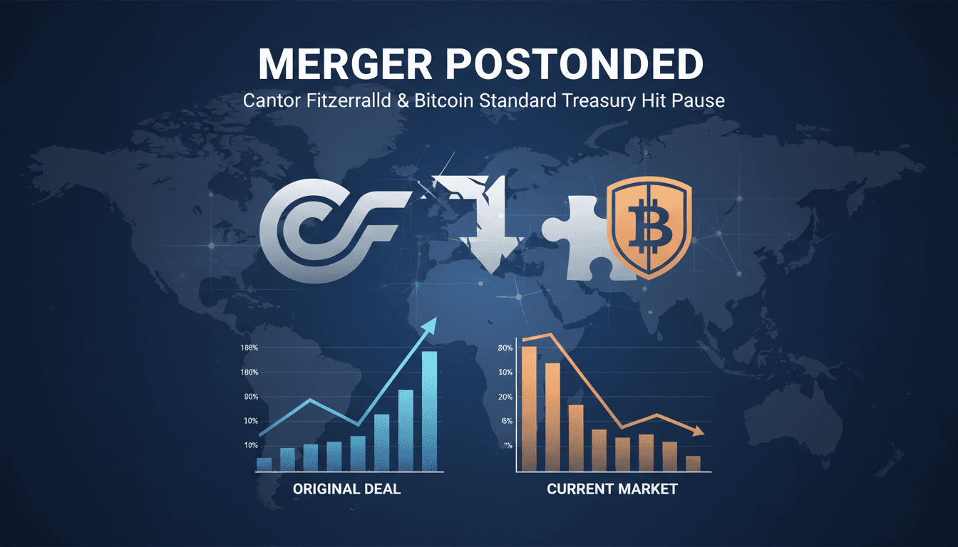 Illustration of the Cantor Fitzgerald and Bitcoin Standard Treasury merger postponement in the cryptocurrency market.