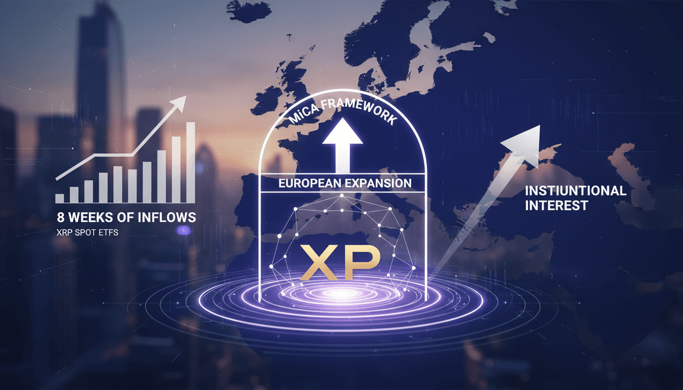Ripple logo with a backdrop of the European Union flag and crypto symbols.