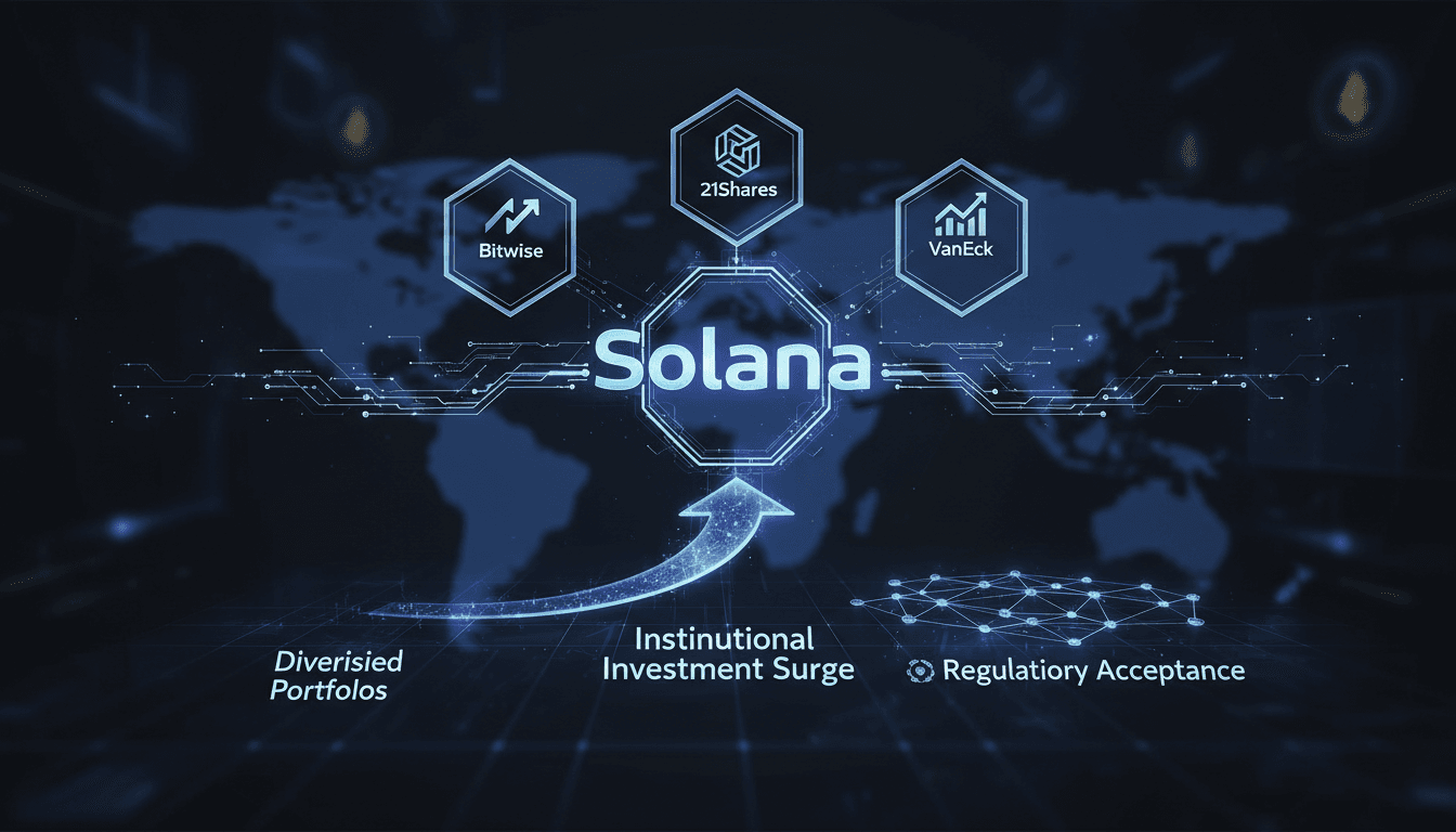 Illustration of Solana ETF filings and institutional investment trends.