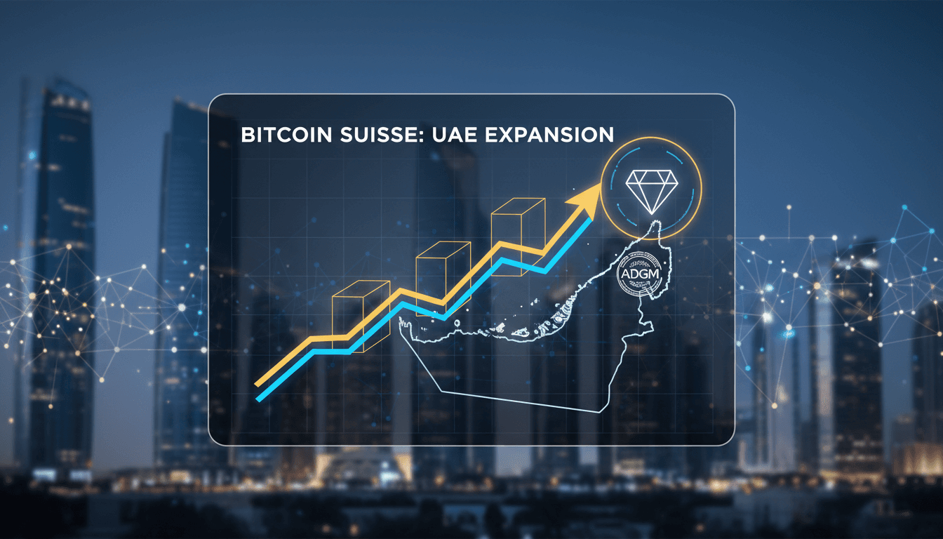Bitcoin Suisse logo with a backdrop of the UAE skyline