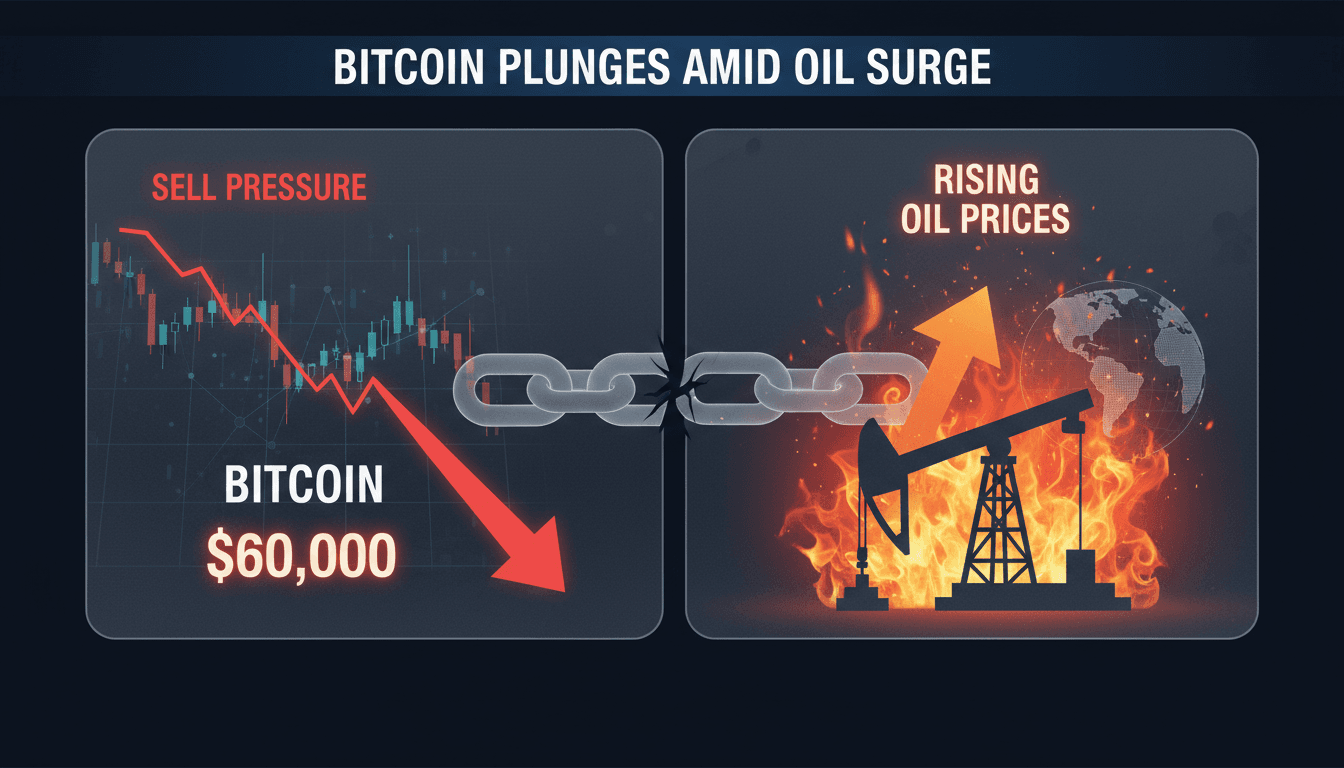 Bitcoin price chart showing decline to $60,000 amidst rising oil prices.