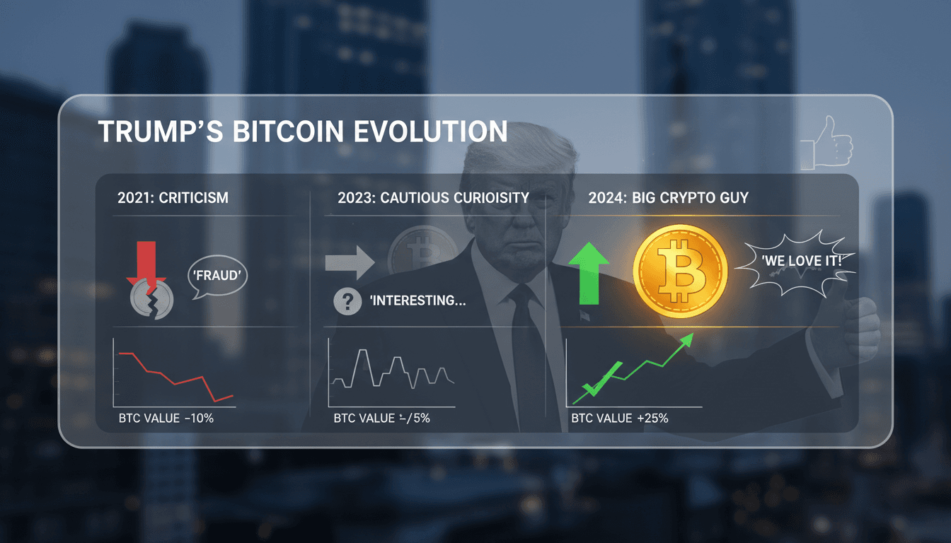 Donald Trump speaking about Bitcoin and cryptocurrency at a market event.