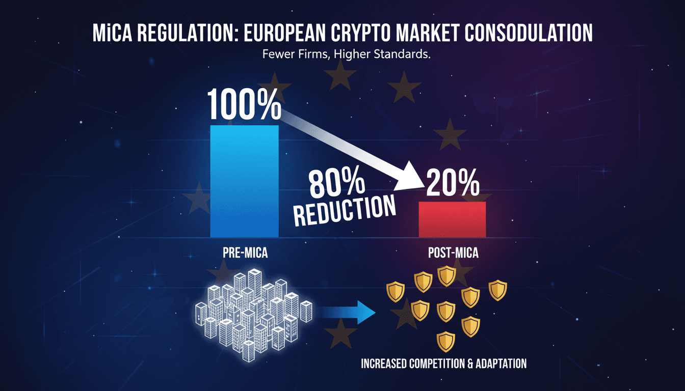 Graph showing the reduction of licensed crypto firms in Europe due to MiCA regulation.