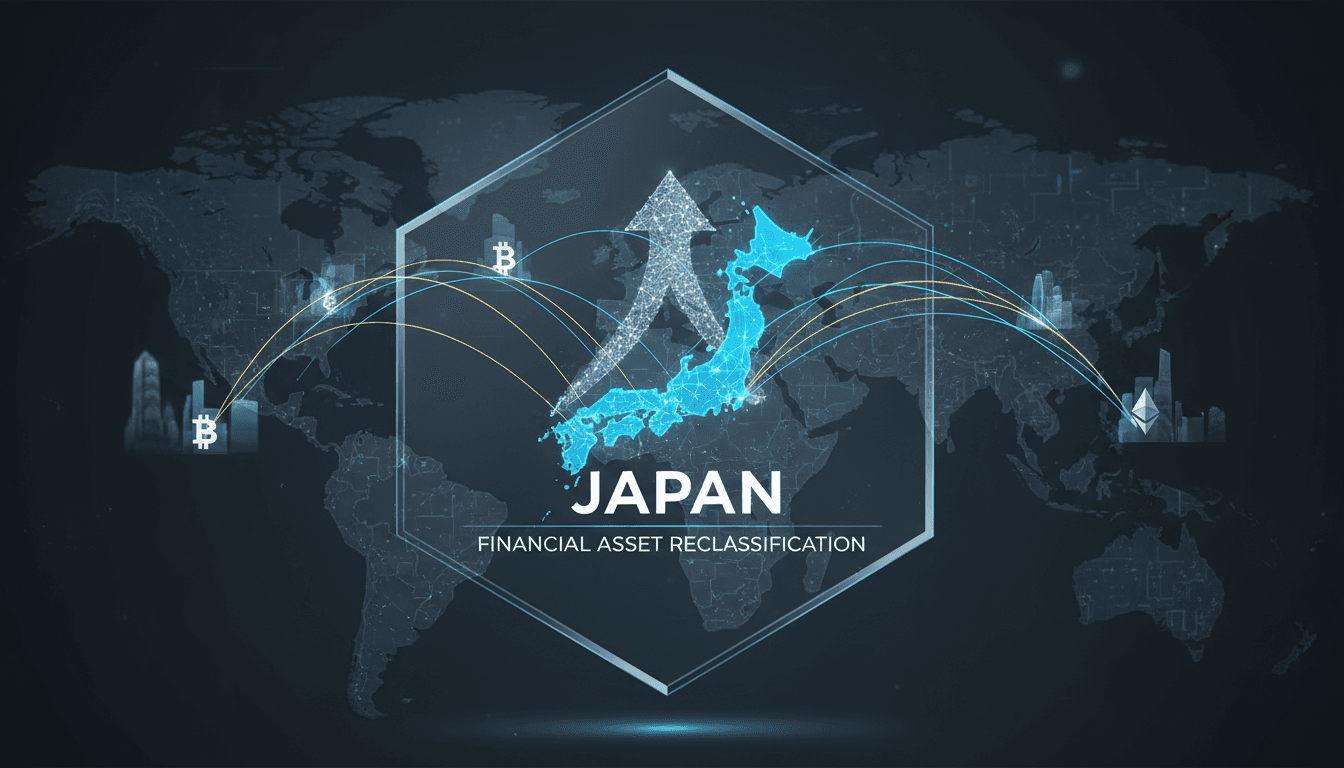 Japan's parliament building with cryptocurrency symbols