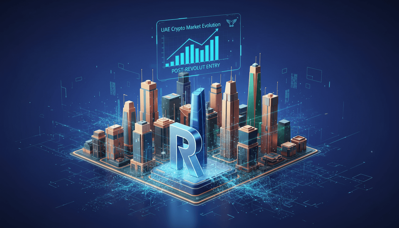 Revolut logo with cryptocurrency symbols in the UAE context
