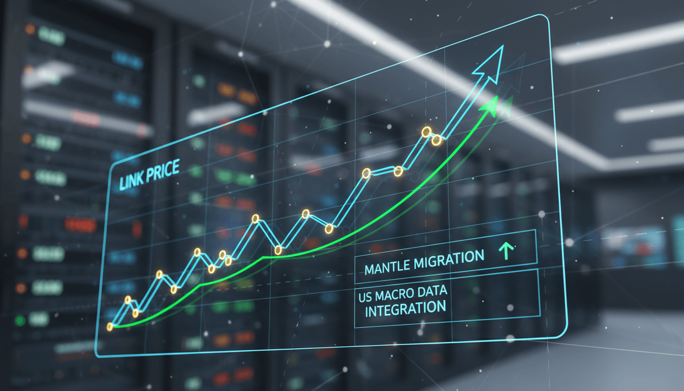 Chainlink logo with a backdrop of U.S. economic data graphics