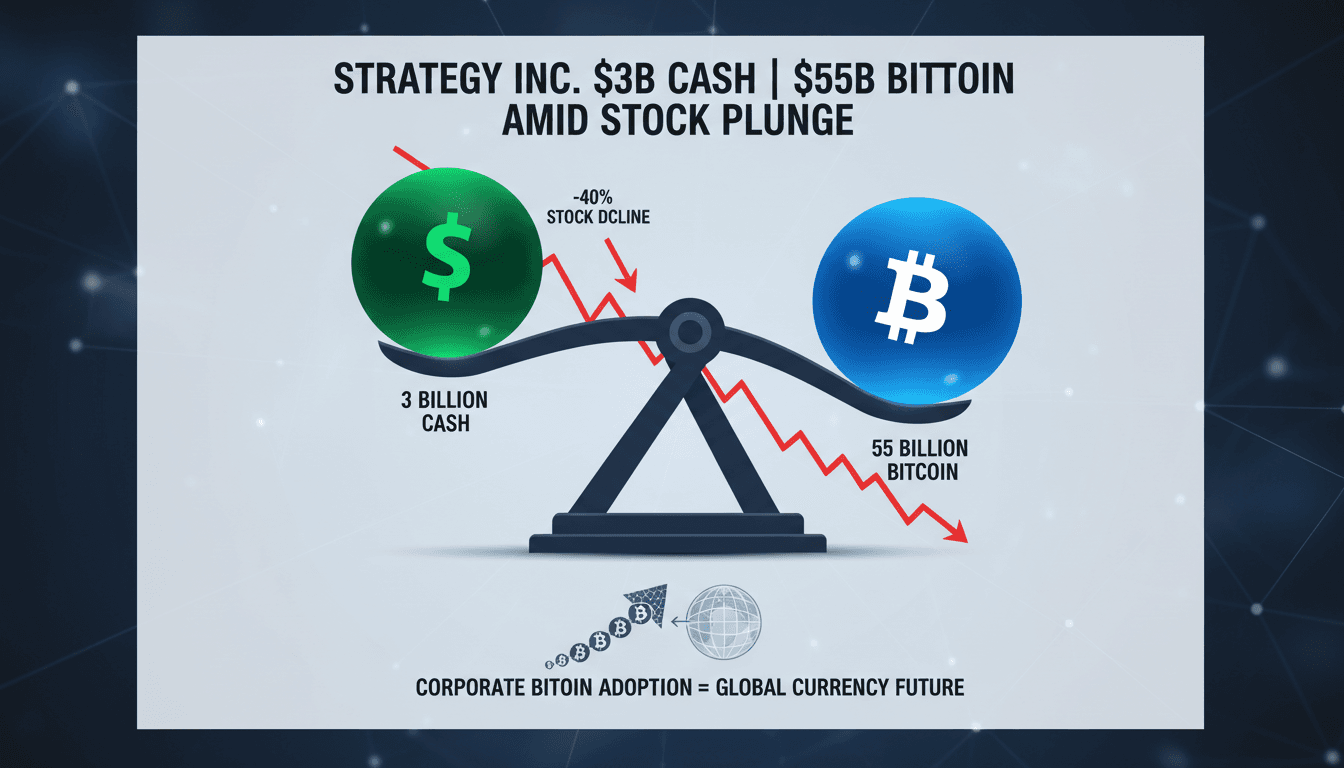 Strategy Inc. logo with Bitcoin graphics and financial charts