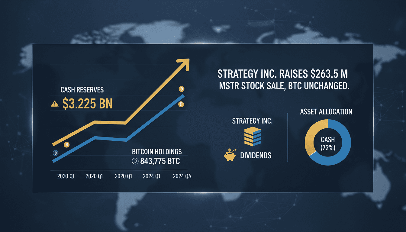 Strategy Inc. logo with financial graphs illustrating stock sale and Bitcoin holdings.