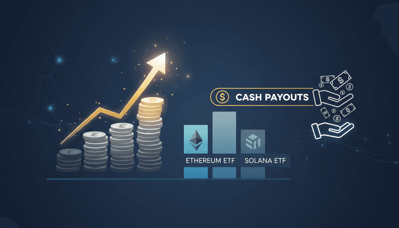 Grayscale logo with Ethereum and Solana graphics representing cash payouts.