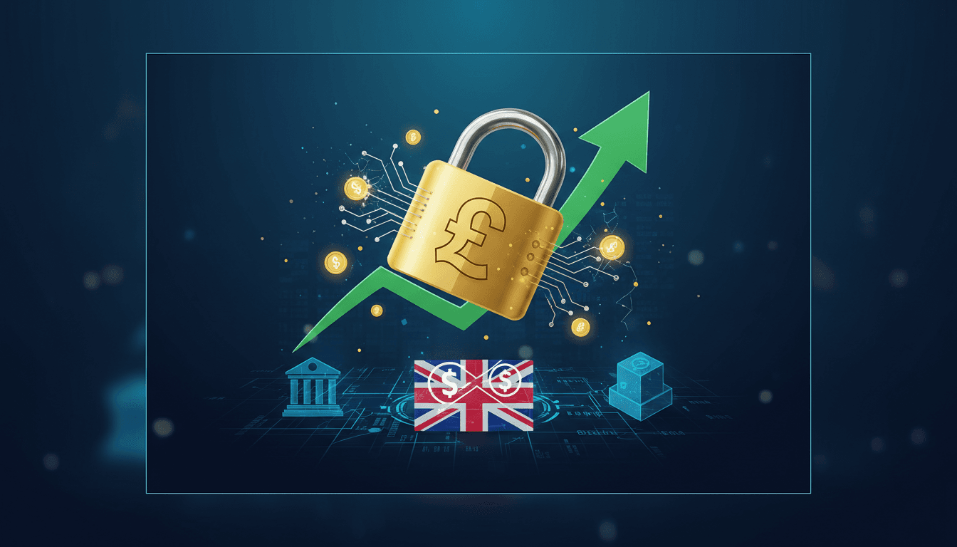 UK Parliament building with cryptocurrency symbols in the foreground.