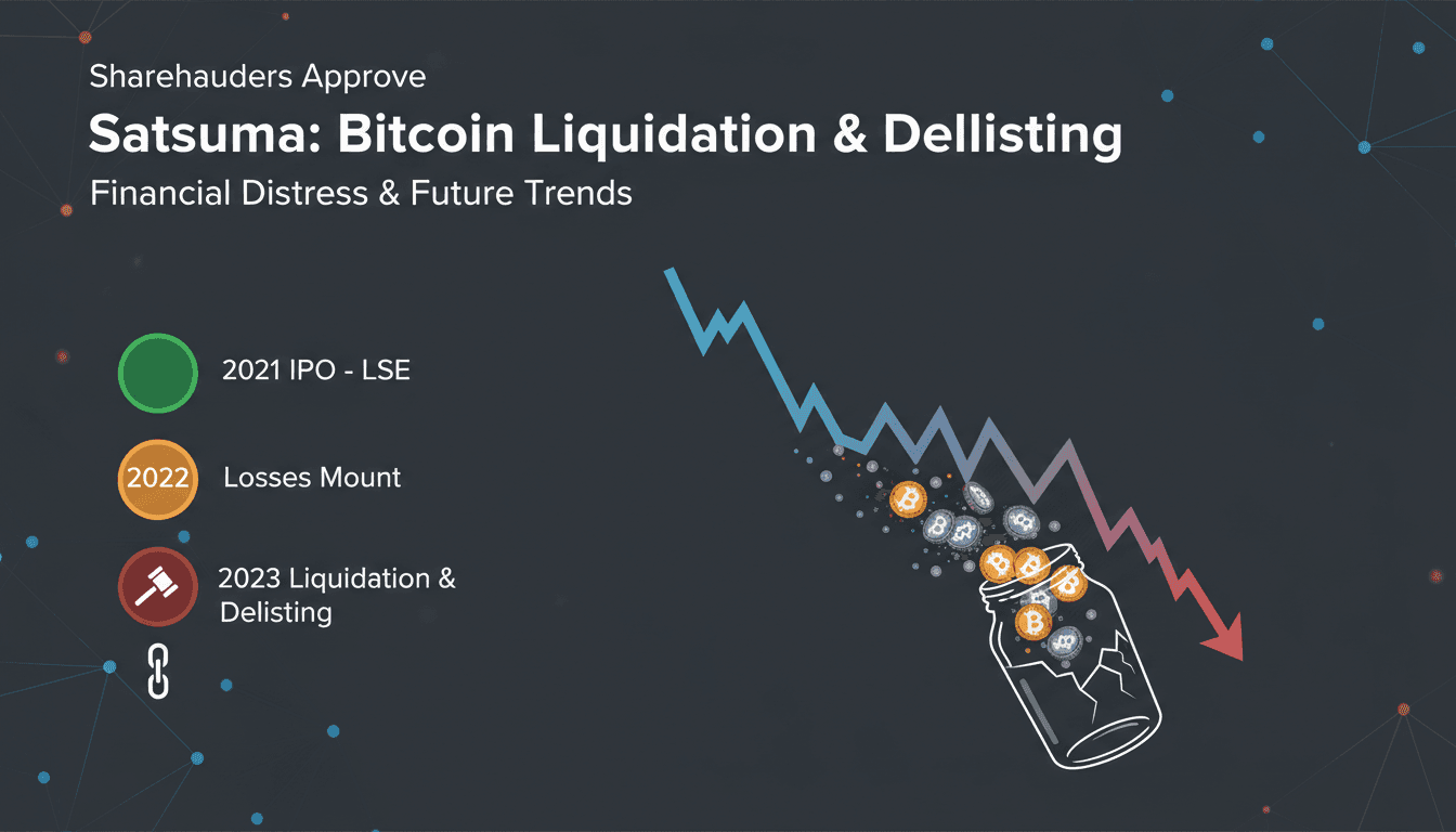 Satsuma Technology logo with a backdrop of cryptocurrency symbols.