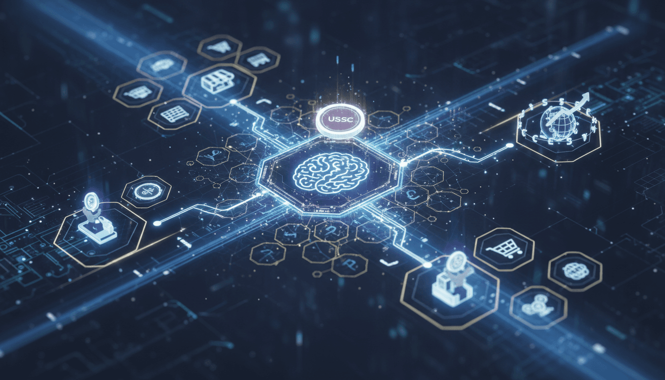 Coinbase logo with AI and cryptocurrency graphics