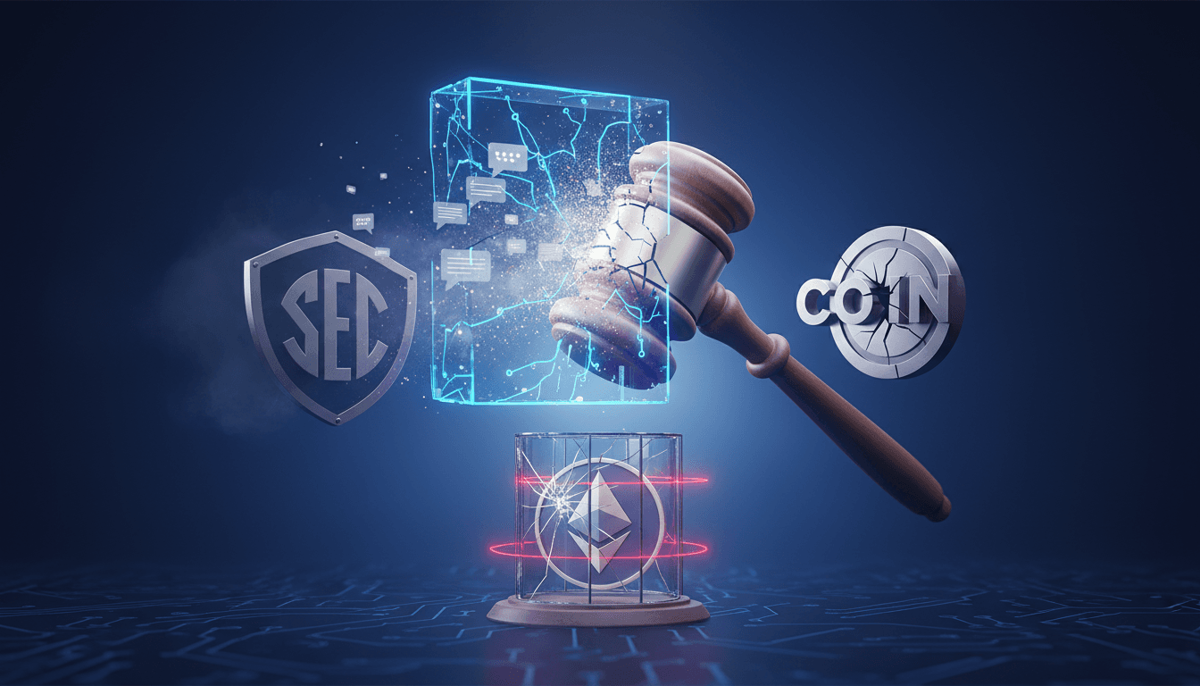 SEC and Coinbase logos with a gavel symbolizing legal settlement.