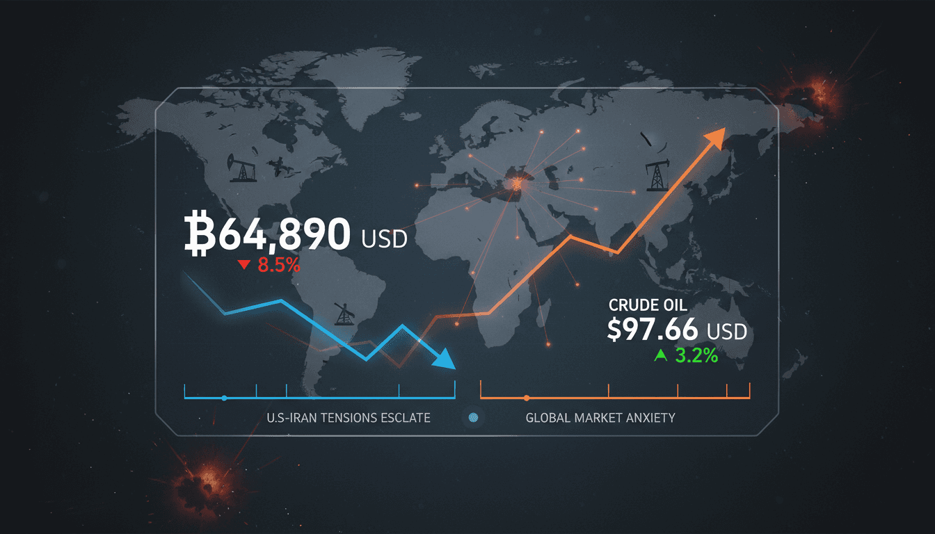 Bitcoin price chart showing recent fluctuations and geopolitical influences.