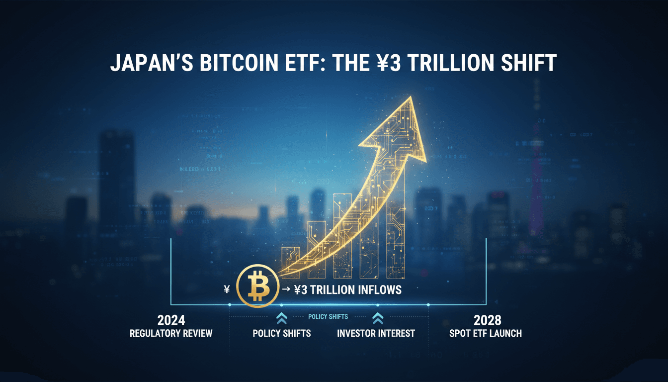 Conceptual image of Bitcoin with financial graphs and Japan's flag.