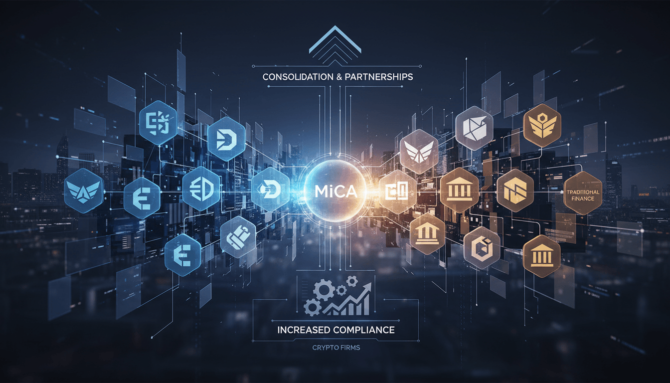 Illustration of crypto firms merging in response to MiCA regulations.