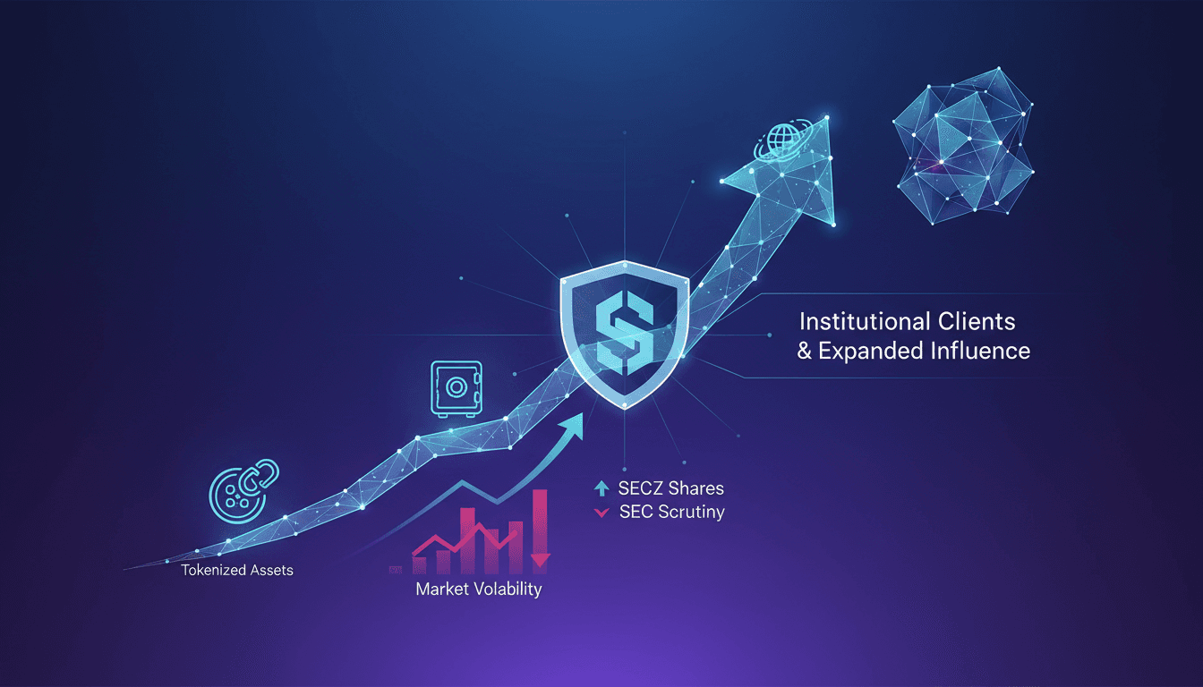 Securitize Capital logo with a backdrop of digital asset graphics