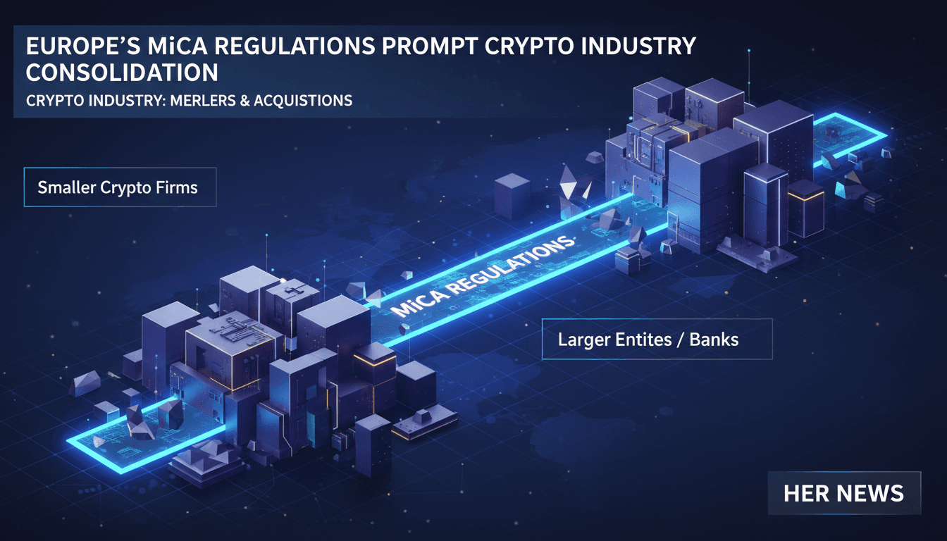 Illustration of crypto firms merging under new MiCA regulations