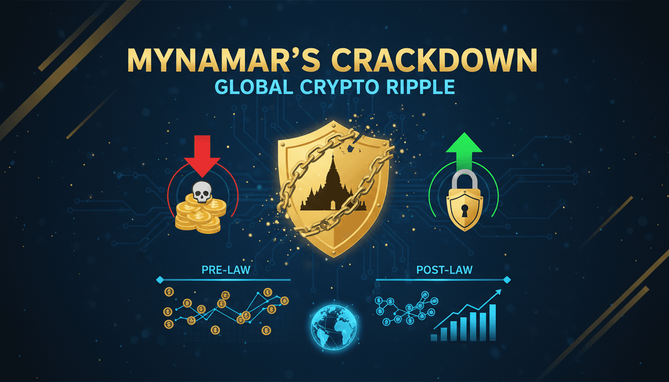 Myanmar Parliament building with cryptocurrency symbols