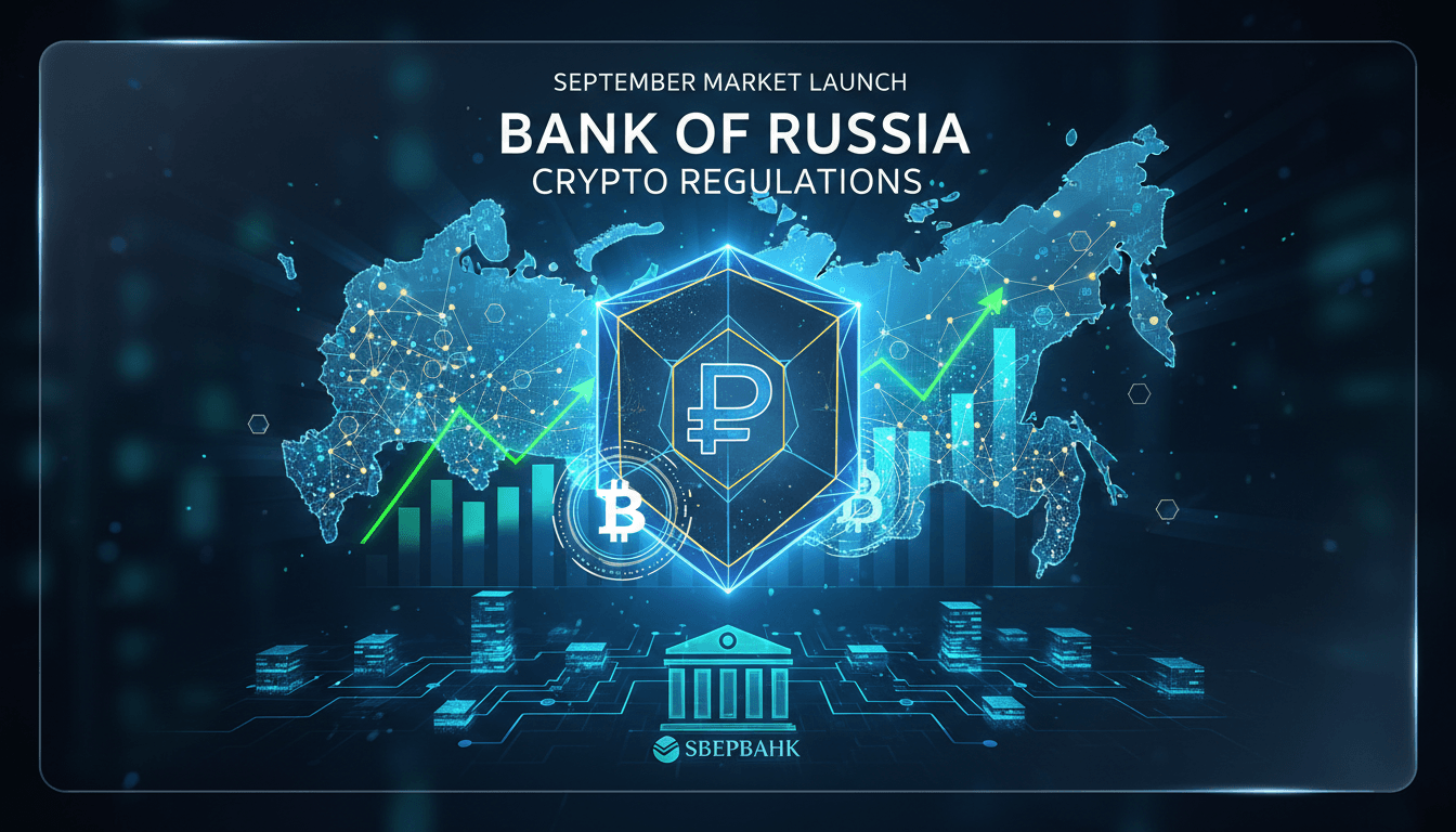 Bank of Russia building with cryptocurrency symbols in the foreground