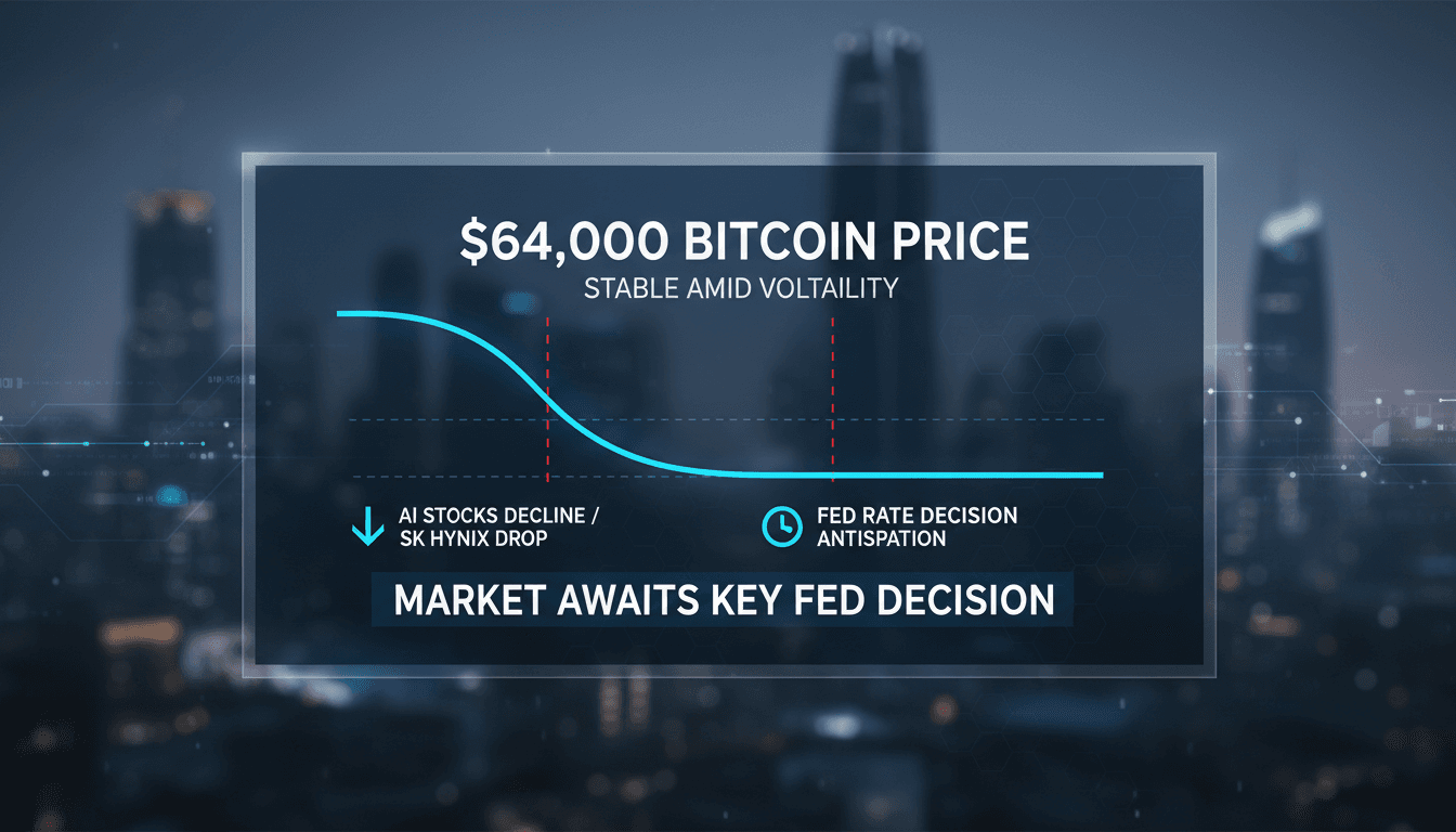 Bitcoin price chart showing stabilization around $64,000 amidst market volatility.