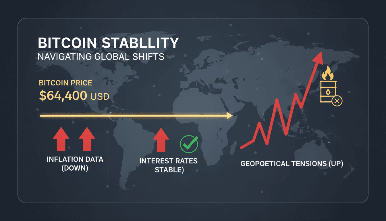 Bitcoin price chart showing stabilization amid economic and geopolitical factors.