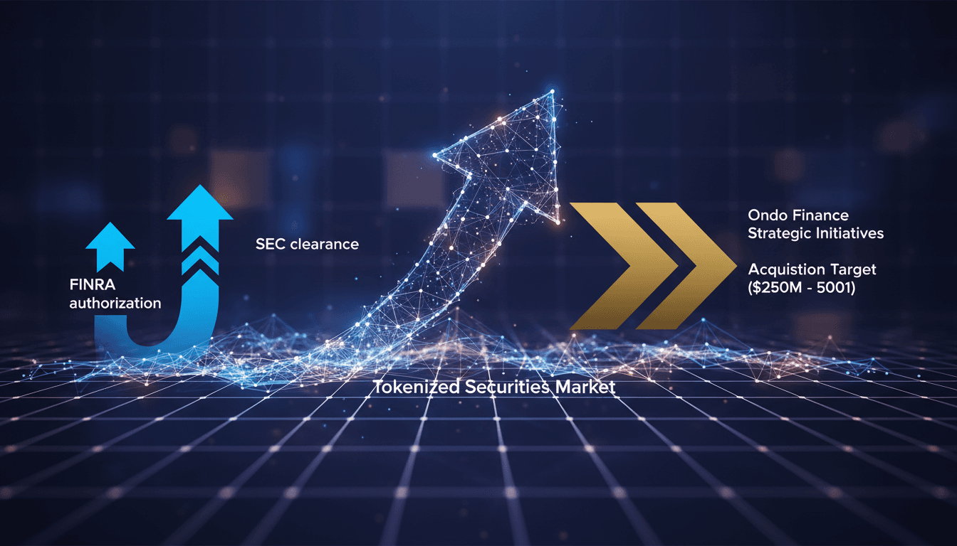Ondo Finance logo with a backdrop of cryptocurrency market growth charts.