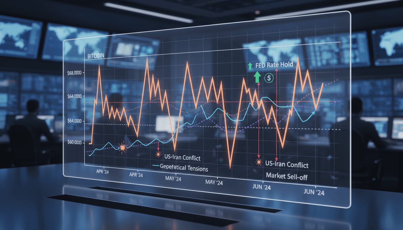 Bitcoin price chart showing fluctuations amid geopolitical tensions and economic signals.
