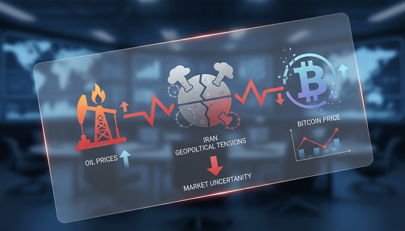 Bitcoin price chart showing decline amid rising oil prices and geopolitical tensions
