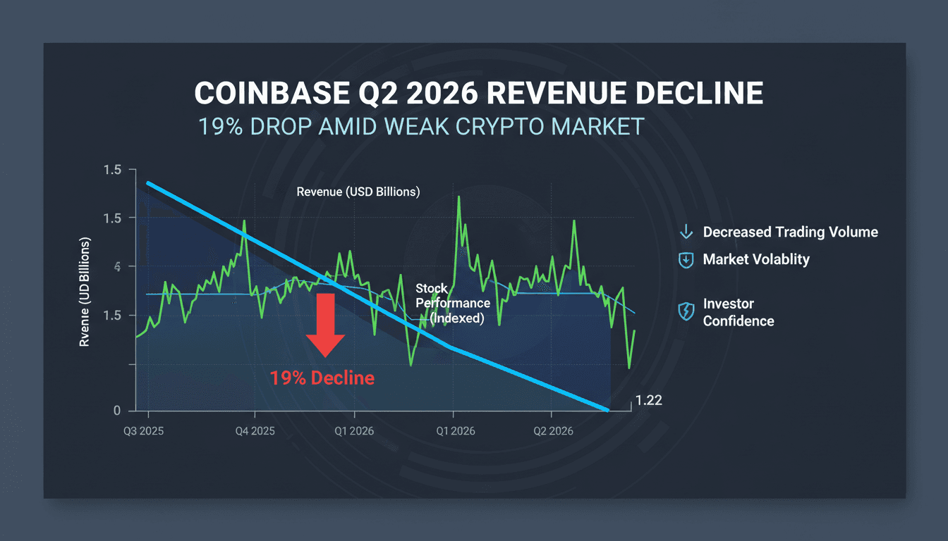 Graph showing Coinbase's revenue decline and stock performance in Q2 2026.