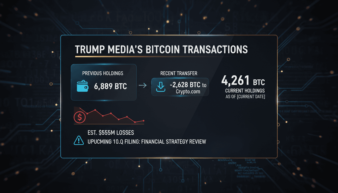 Trump Media logo with Bitcoin graphics illustrating financial scrutiny.