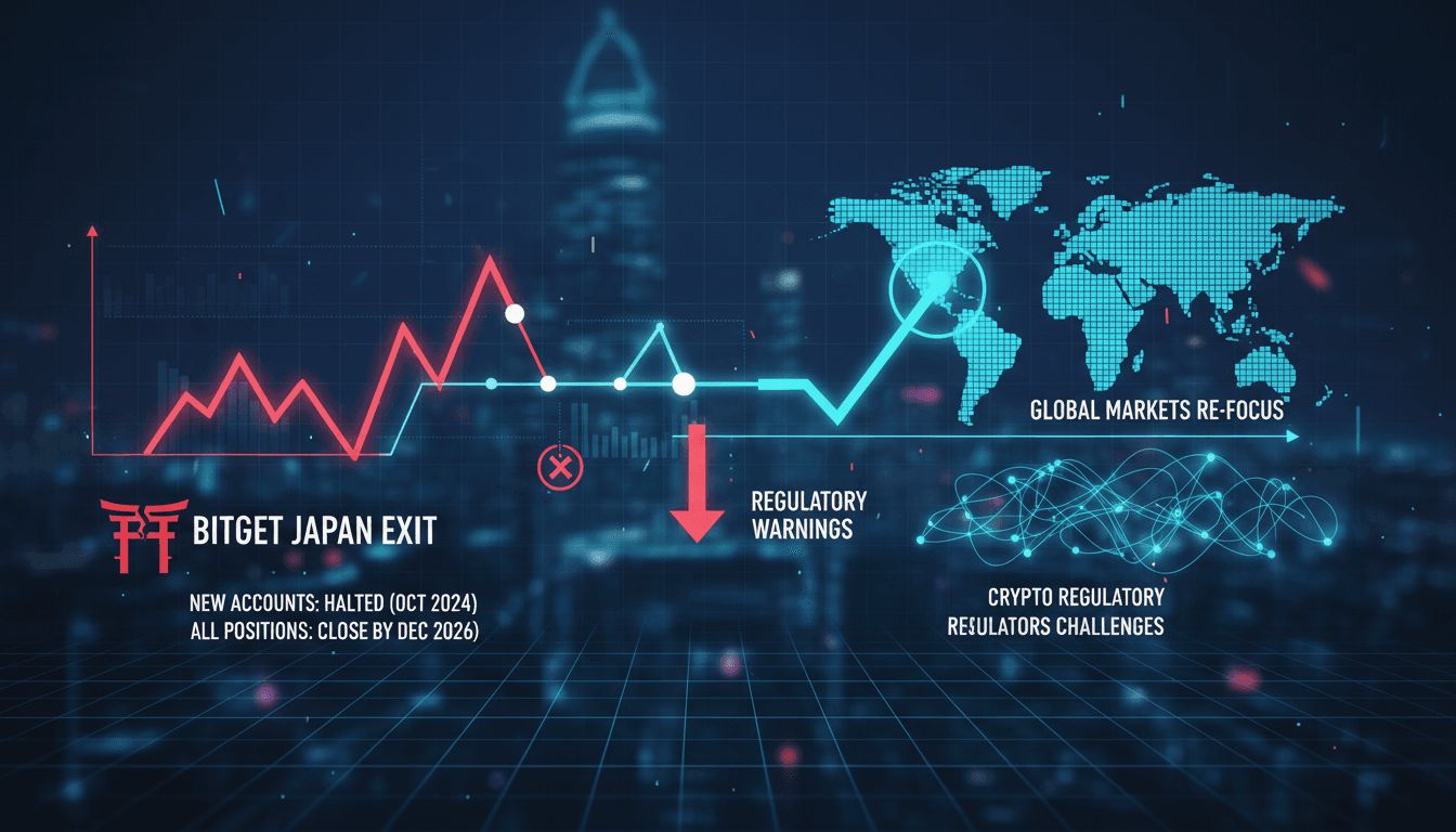 Bitget cryptocurrency exchange logo with a backdrop of Japan's skyline