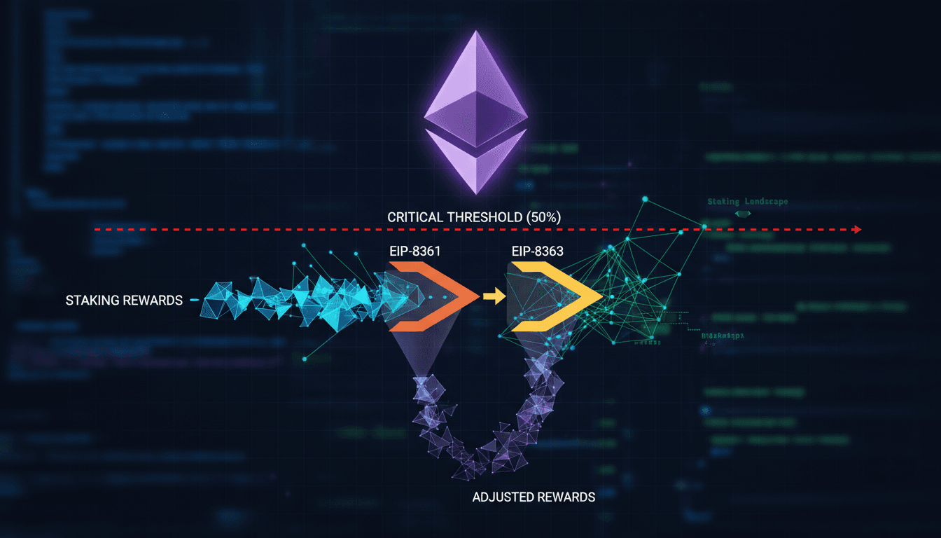 Ethereum logo with a graph showing staking rewards changes
