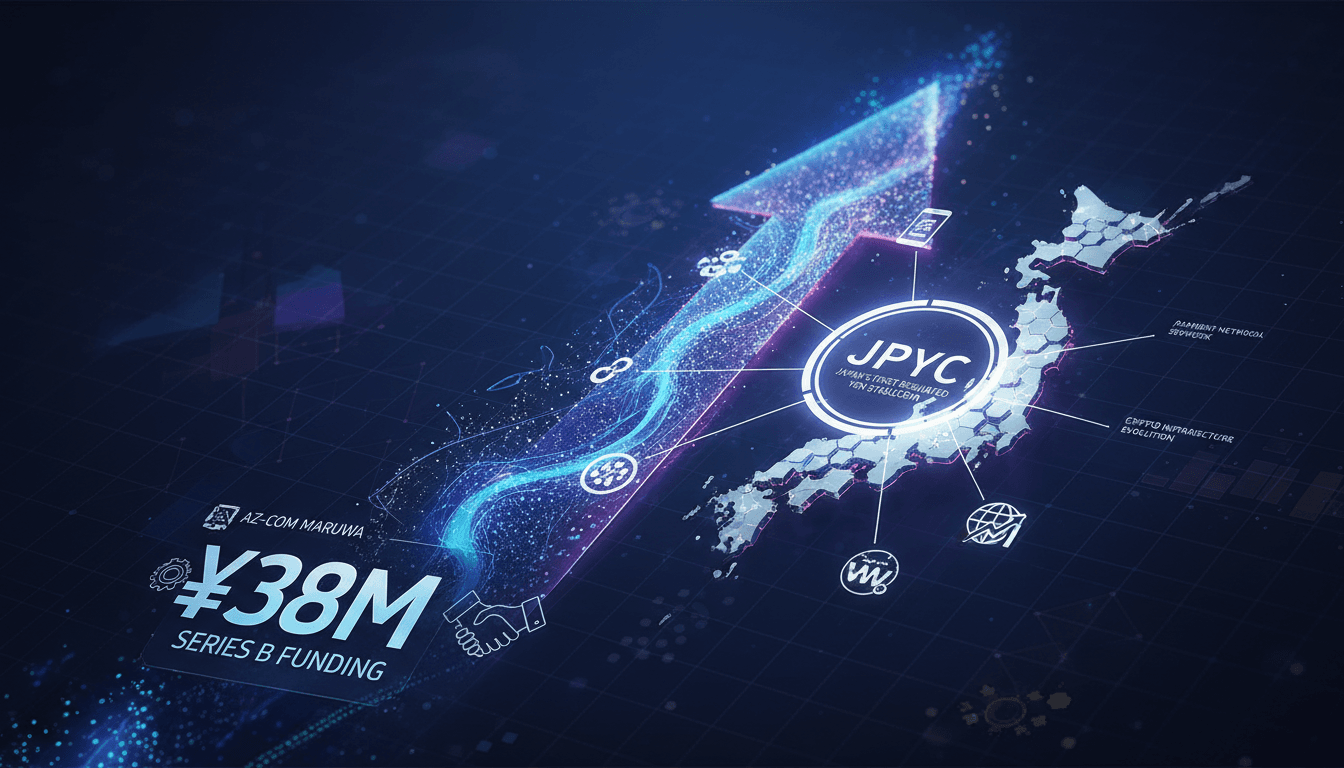 JPYC Inc. logo with a backdrop of digital currency symbols