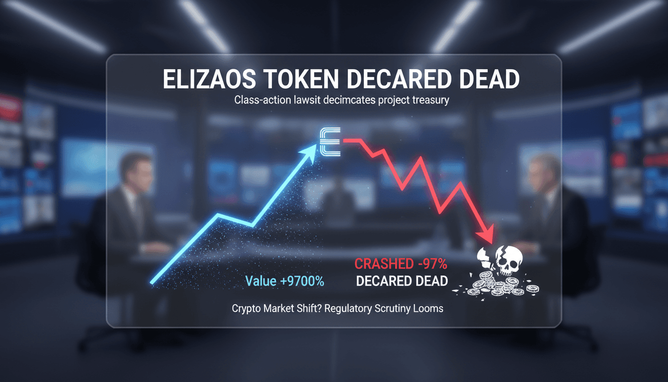 ElizaOS token graphic illustrating its decline and closure.